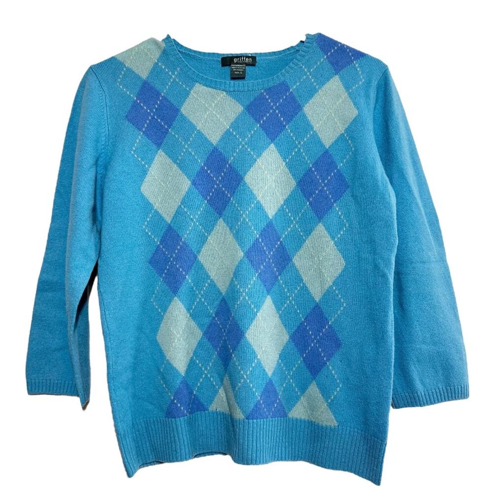 Griffen Cashmere Sweater Argyle Pattern Long Sleeve Crewneck Pullover Blue Large